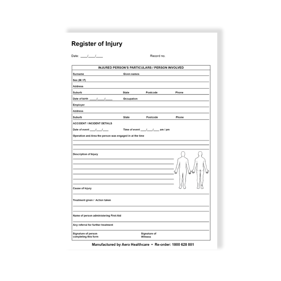 Register Of Injury Pad (RI001) Wollongong First Aid